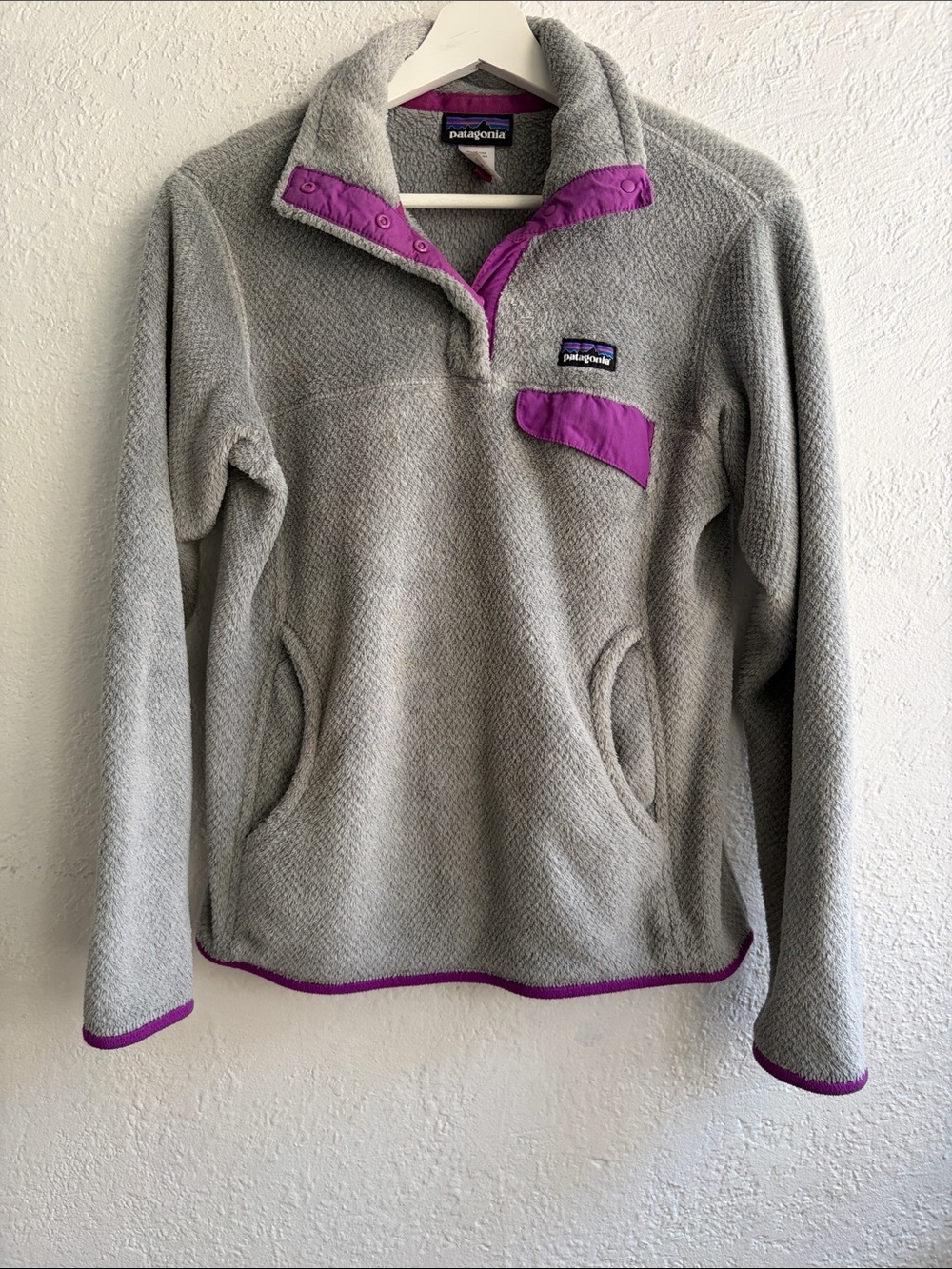 Patagonia Gray Fleece Pullover with Purple Accents
